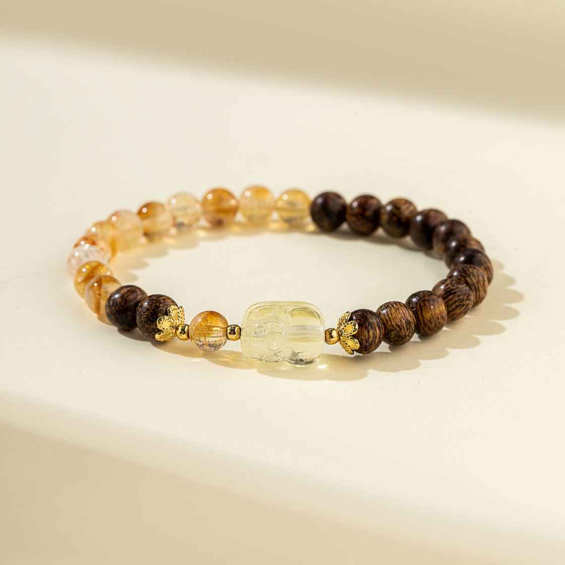 Citrine Sandalwood Jade Pixiu Sculpture Bracelet-Natural Energy & Handmade