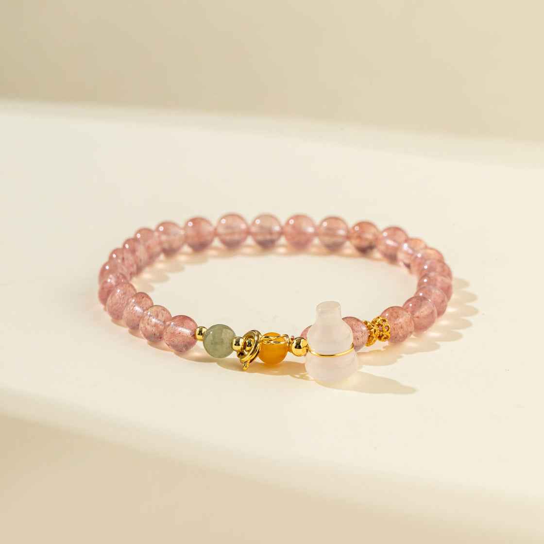 Strawberry Crystal Jade Gourd Sculpture Gold Bracelet-Natural Energy & Handmade