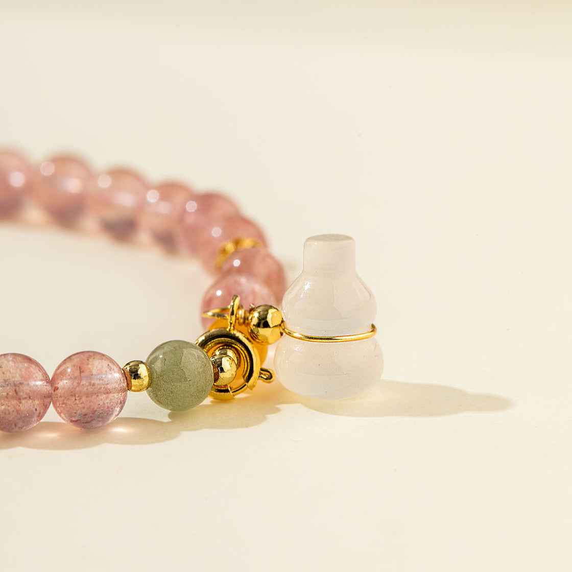 Strawberry Crystal Jade Gourd Sculpture Gold Bracelet-Natural Energy & Handmade