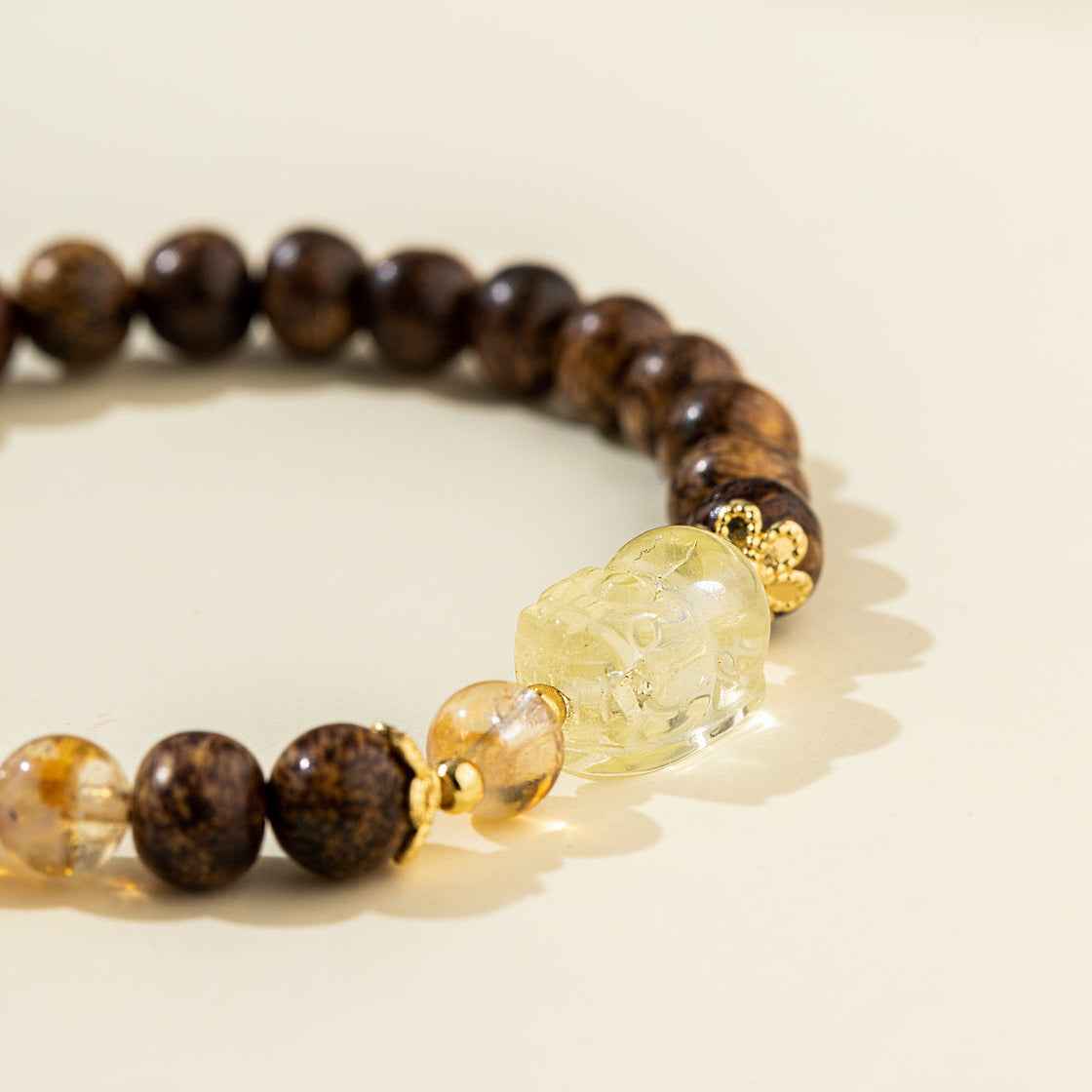 Citrine Sandalwood Jade Pixiu Sculpture Bracelet-Natural Energy & Handmade