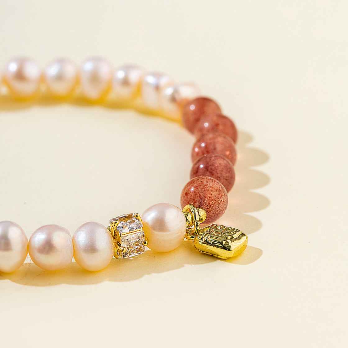 Strawberry Crystal Pearl Gold Bracelet-Natural Energy & Handmade