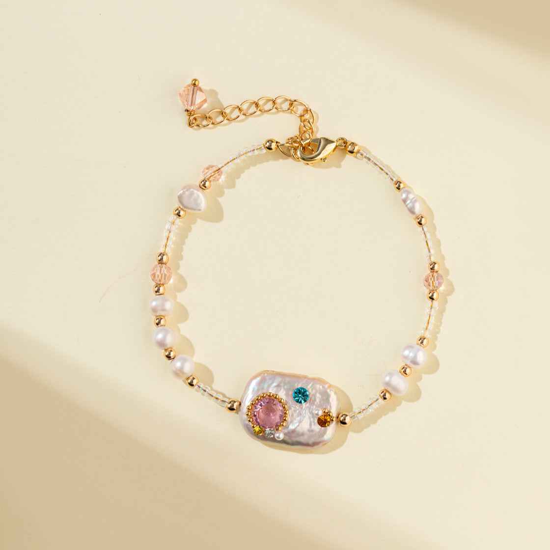 Pearl Crystal Gem Gold Bracelet-Natural Energy & Handmade