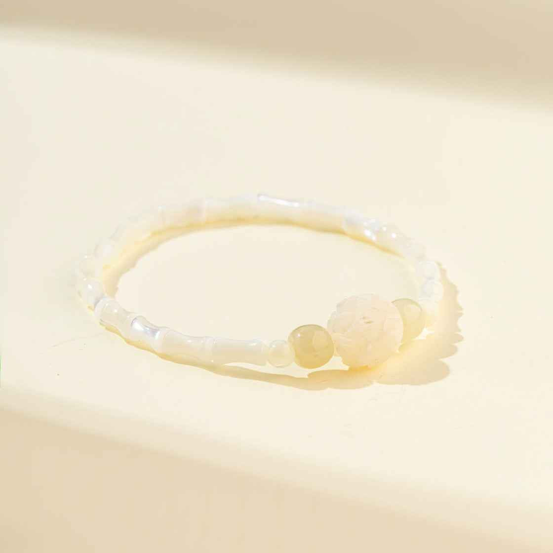 Mother of Pearl Bamboo Jade Lotus Sculpture Bracelet-Natural Energy & Handmade