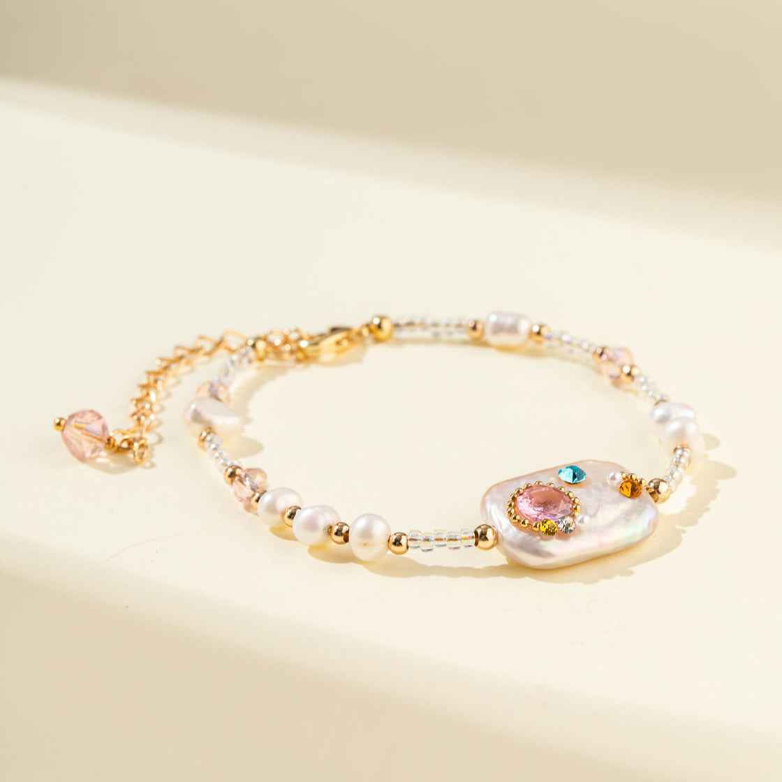 Pearl Crystal Gem Gold Bracelet-Natural Energy & Handmade