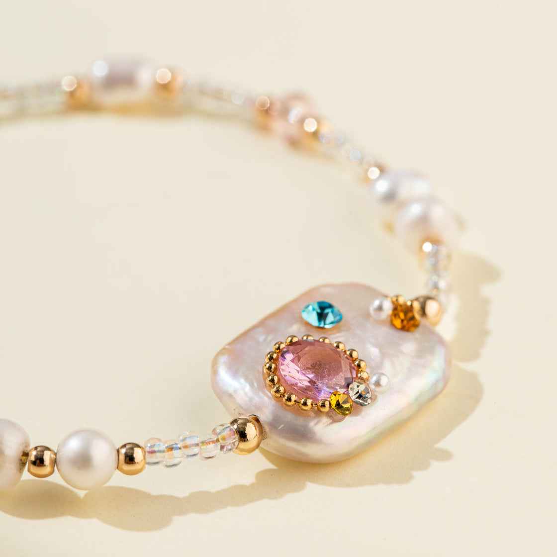 Pearl Crystal Gem Gold Bracelet-Natural Energy & Handmade