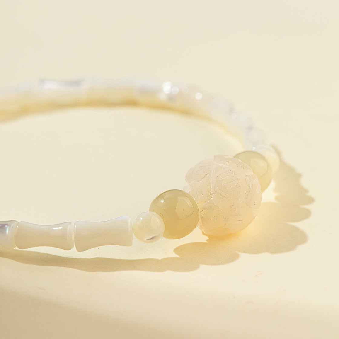 Mother of Pearl Bamboo Jade Lotus Sculpture Bracelet-Natural Energy & Handmade