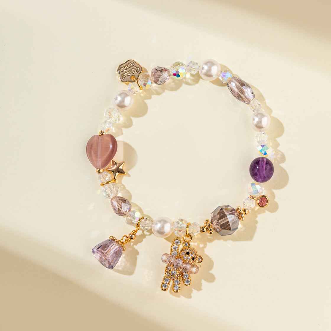 Amethyst Pearl Teddy Bear Shape Bracelet-Natural Energy & Handmade