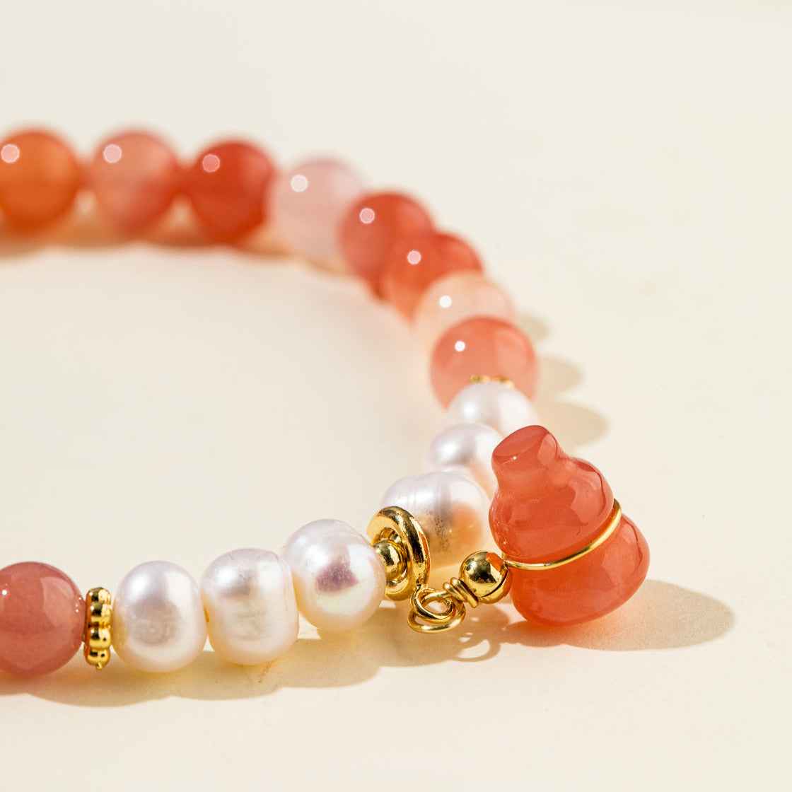 Strawberry Crystal Pearl Jade Gourd Sculpture Bracelet-Natural Energy & Handmade