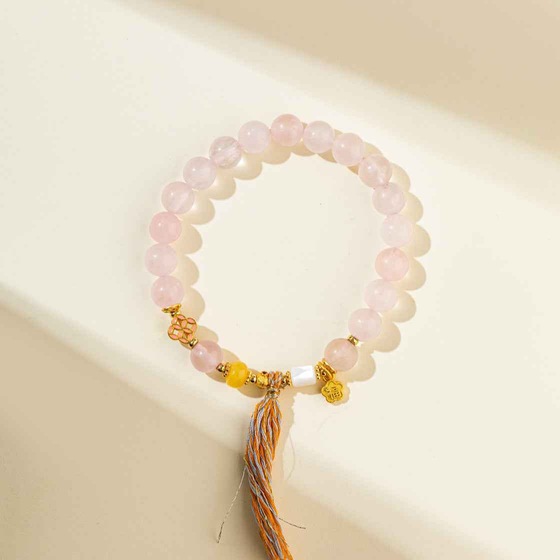 Pink Crystal Quartz Gold Braided Tassel Bracelet-Natural Energy & Handmade