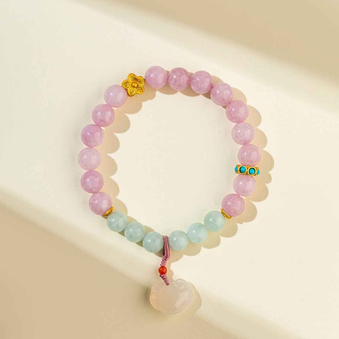 Strawberry Crystal Jade Pixiu Sculpture Gold Bracelet-Natural Energy & Handmade