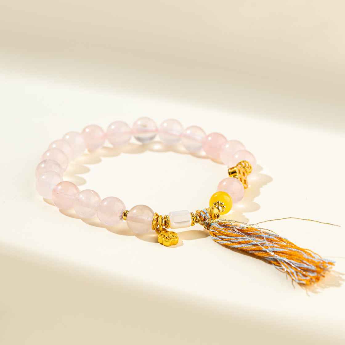 Pink Crystal Quartz Gold Braided Tassel Bracelet-Natural Energy & Handmade