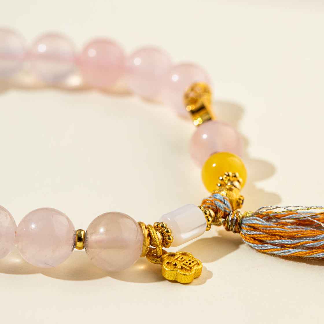 Pink Crystal Quartz Gold Braided Tassel Bracelet-Natural Energy & Handmade