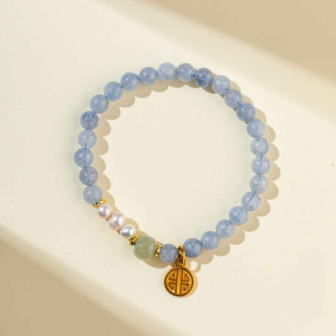 Blue Crystal Agate Pearl Gold Lock Sculpture Bracelet-Natural Energy & Handmade