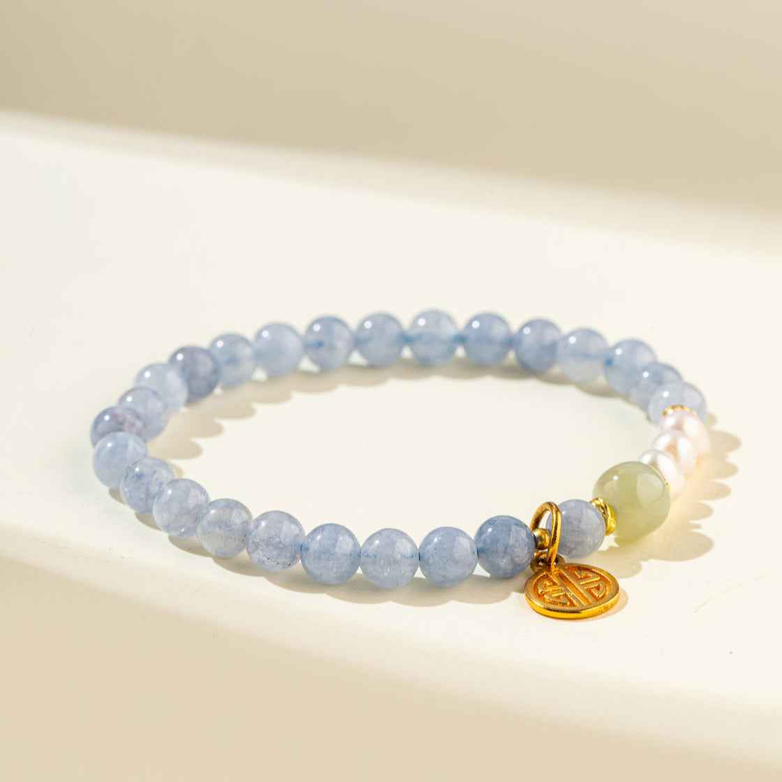 Blue Crystal Agate Pearl Gold Lock Sculpture Bracelet-Natural Energy & Handmade