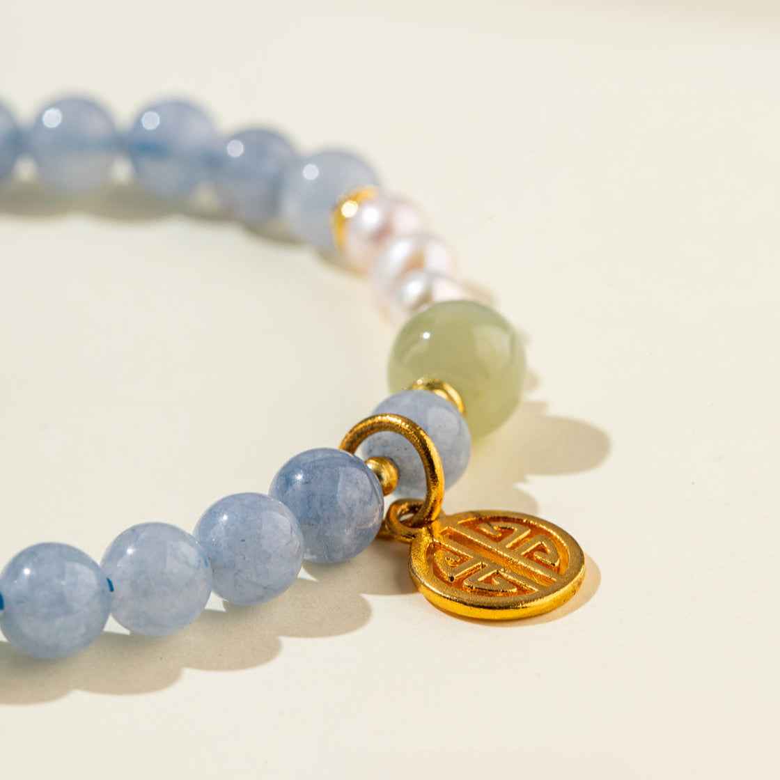 Blue Crystal Agate Pearl Gold Lock Sculpture Bracelet-Natural Energy & Handmade