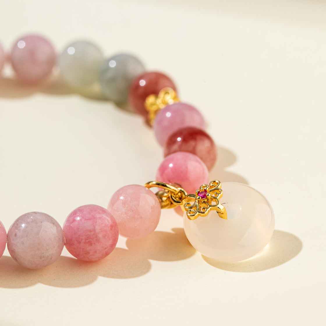 Pink White Jade Gold Bracelet-Natural Energy & Handmade
