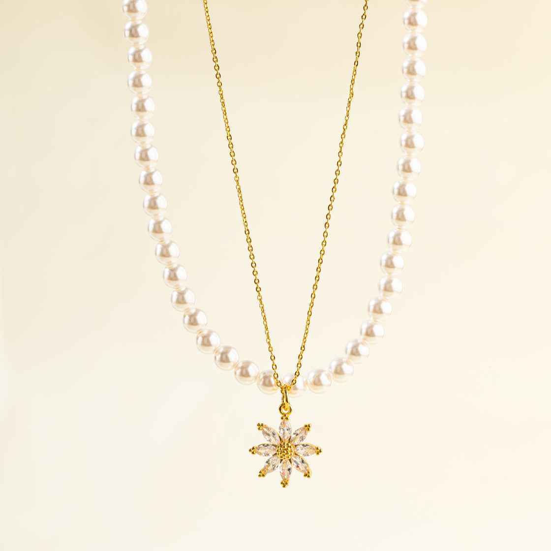 Pearl Gold Diamond Flower Necklace-Natural Energy & Handmade