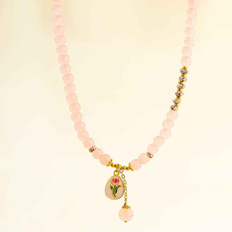 Pink Quartz Crystal Agate Gold Necklace-Natural Energy & Handmade