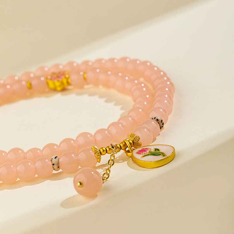 Pink Quartz Crystal Agate Gold Necklace-Natural Energy & Handmade