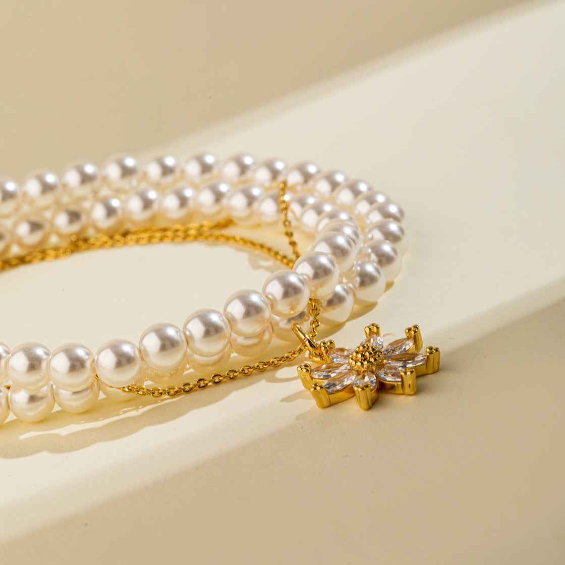 Pearl Gold Diamond Flower Necklace-Natural Energy & Handmade