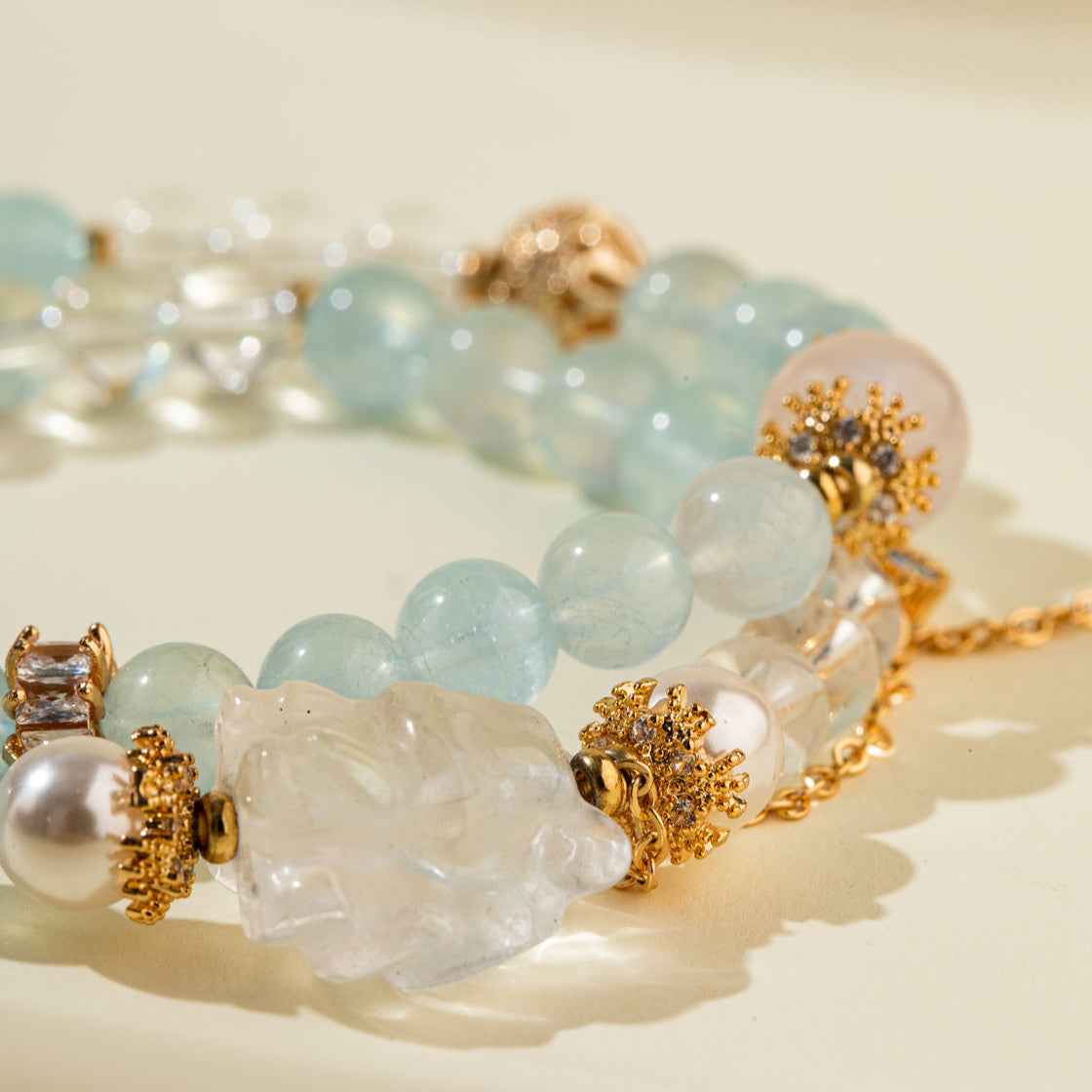 Jade Crystal Pearl Fox Sculpture Bracelet-Natural Energy & Handmade