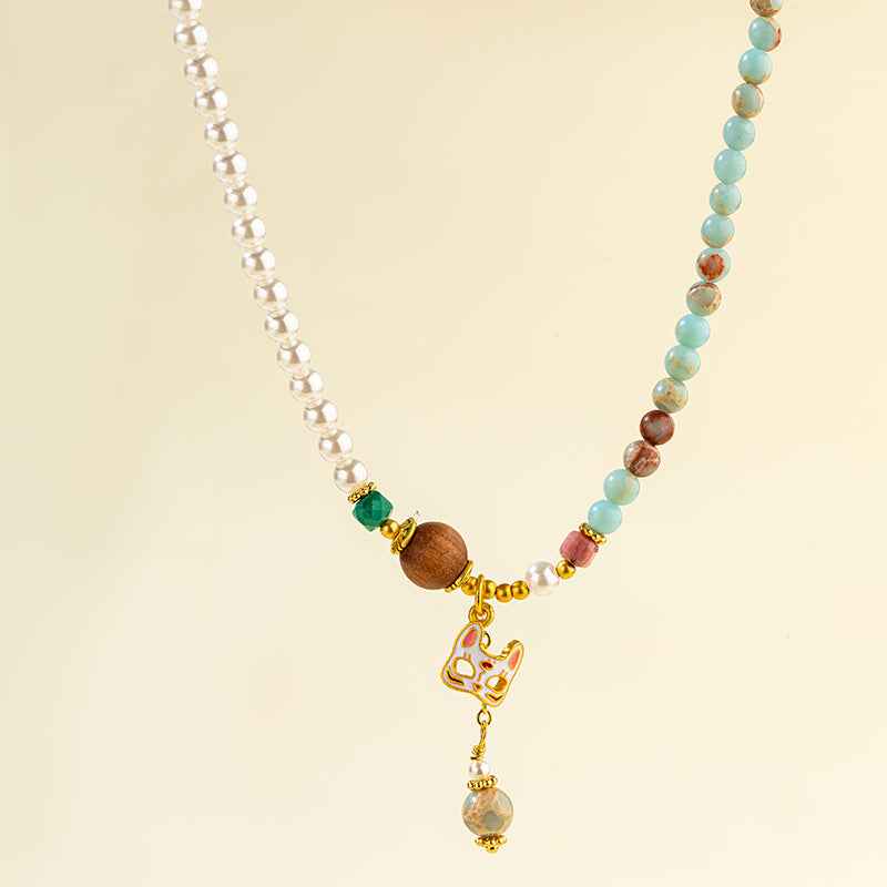 Pearl Agate Sandalwood Gold Fox Mask Necklace-【Natural Energy & Handmade】