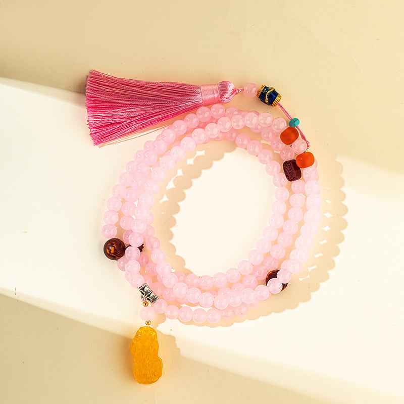Pink Quartz Crystal Long Necklace-Natural Energy & Handmade