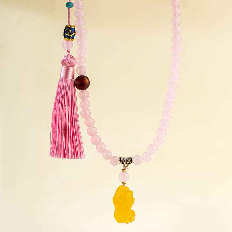 Pink Quartz Crystal Long Necklace-Natural Energy & Handmade
