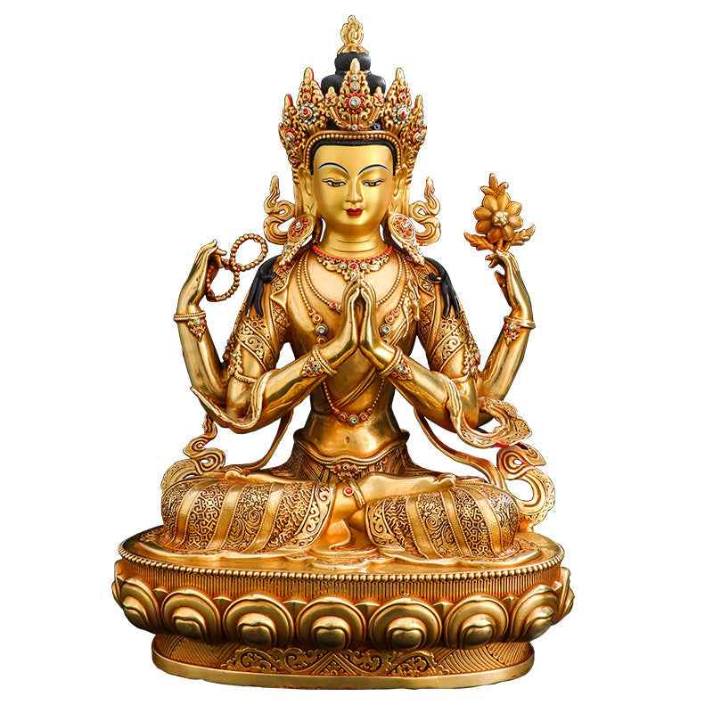 Four-armed Guanyin Buddha Statue Ornament Tibetan Gilt Brass Home Offering