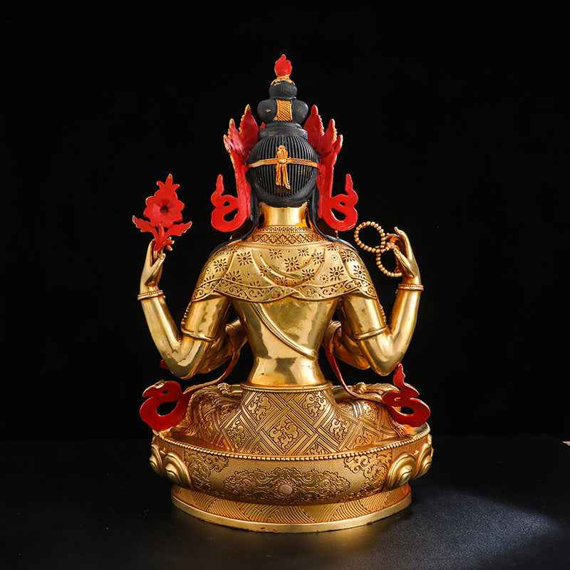 Four-armed Guanyin Buddha Statue Ornament Tibetan Gilt Brass Home Offering