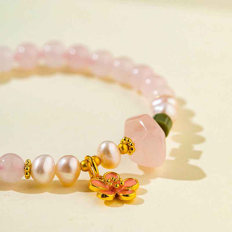 Natural Pearls Pink Crystal Jade Gold Bracelet-Natural Energy & Handmade