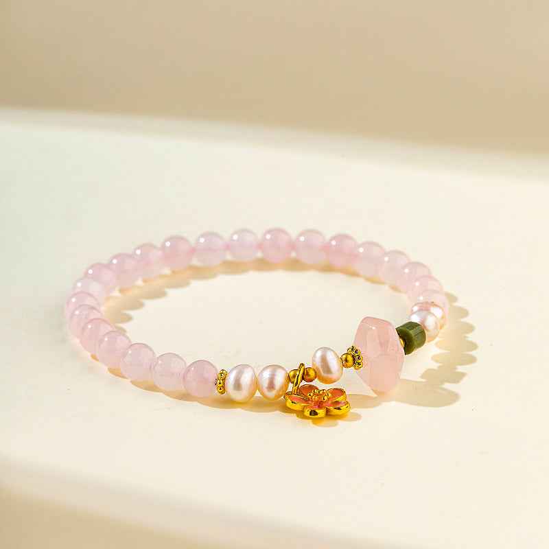 Natural Pearls Pink Crystal Jade Gold Bracelet-Natural Energy & Handmade