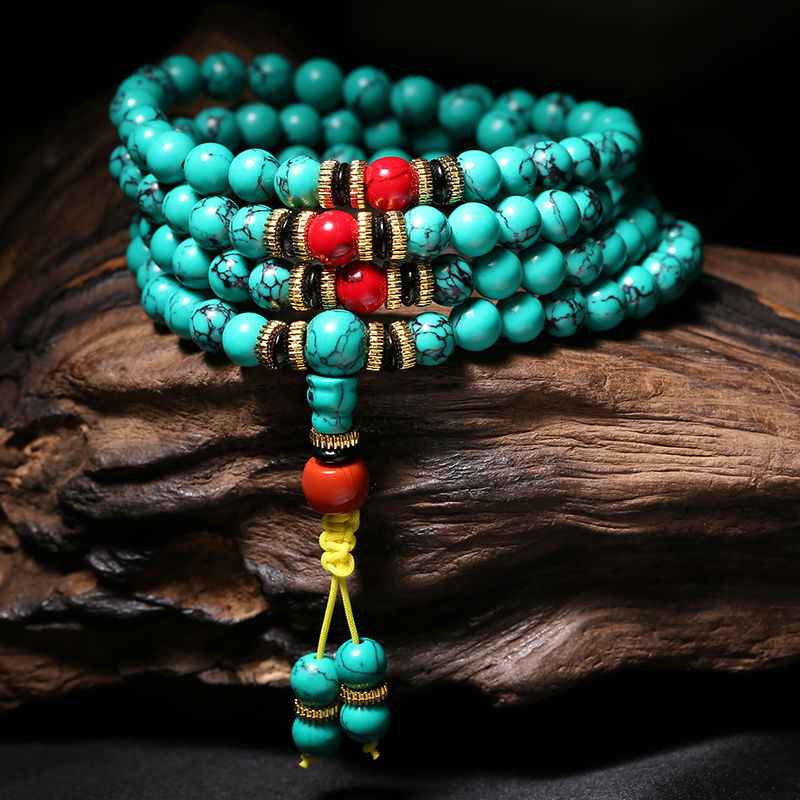 108 - bead Natural and Authentic Turquoise Bracelet - Tibetan - style Couples' Luck - turning and Energy - filled Hand - string