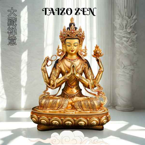 Four-armed Guanyin Buddha Statue Ornament Tibetan Gilt Brass Home Offering