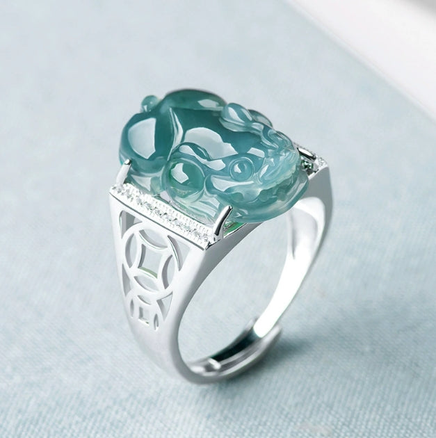 925 Sterling Silver Fortune Pixiu Jade Feng Shui Ring - Blessing to Increase Luck