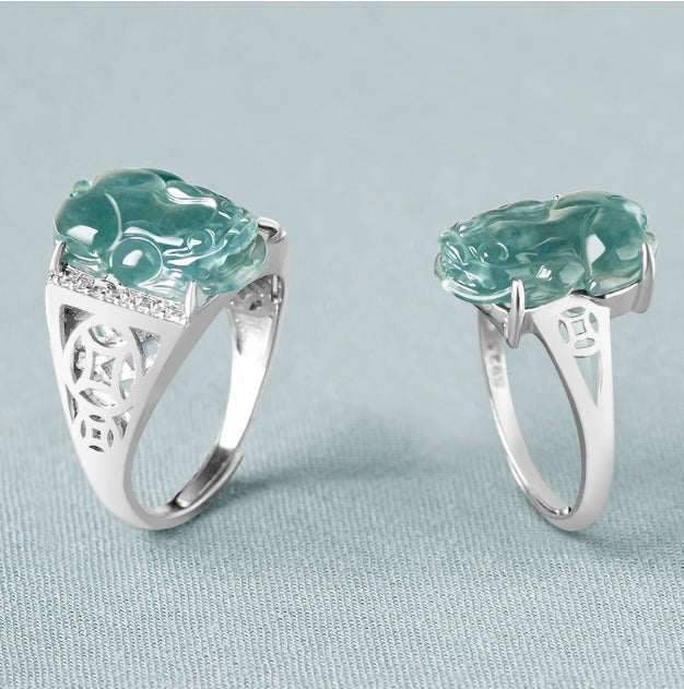 925 Sterling Silver Fortune Pixiu Jade Feng Shui Ring - Blessing to Increase Luck