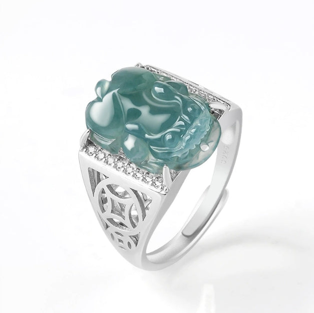 925 Sterling Silver Fortune Pixiu Jade Feng Shui Ring - Blessing to Increase Luck