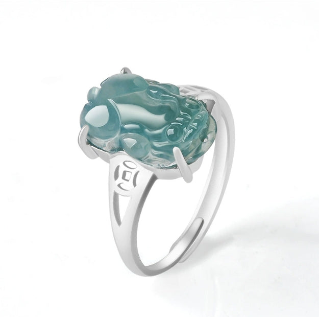 925 Sterling Silver Fortune Pixiu Jade Feng Shui Ring - Blessing to Increase Luck