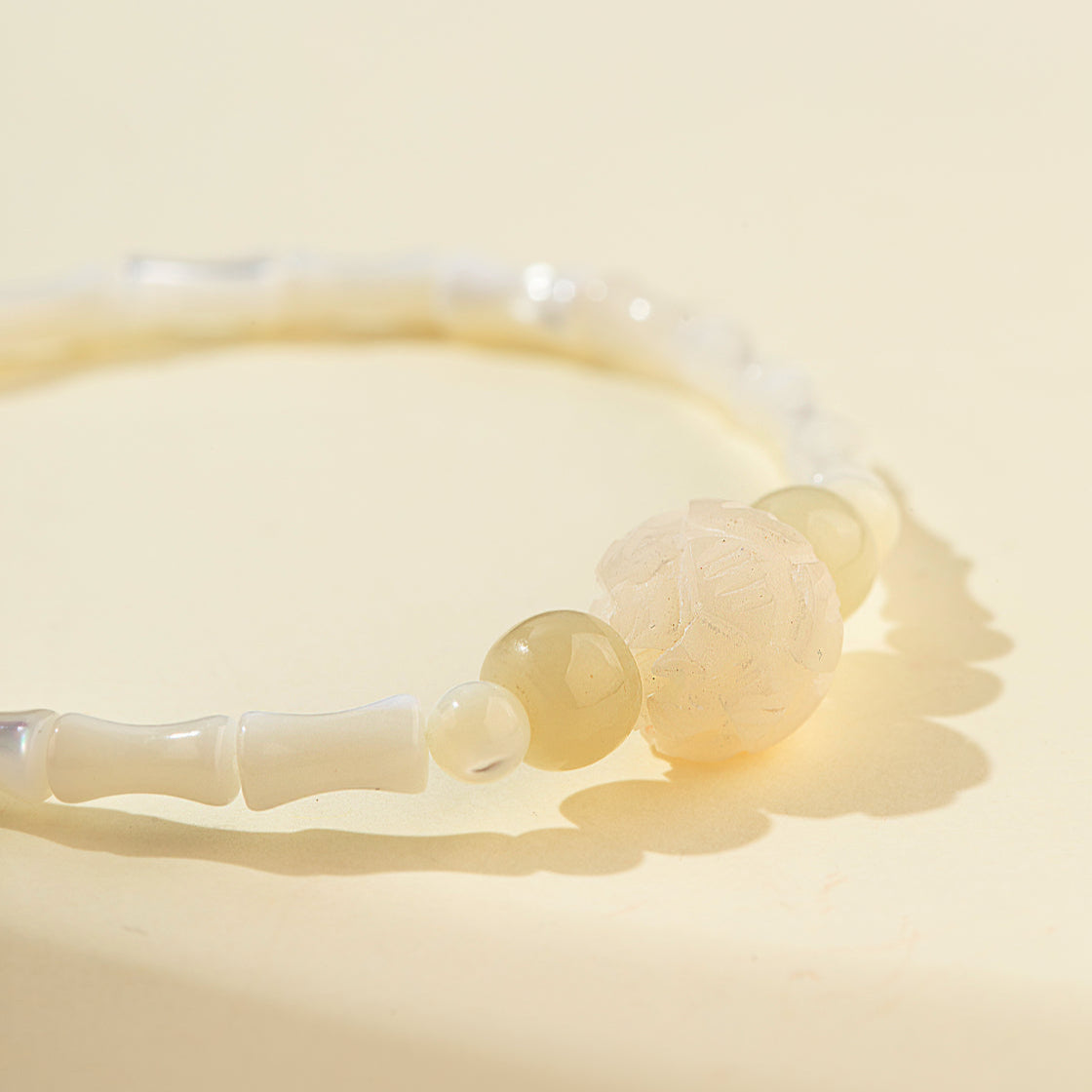 Mother of Pearl Bamboo Jade Lotus Sculpture Bracelet-【Natural Energy & Handmade】