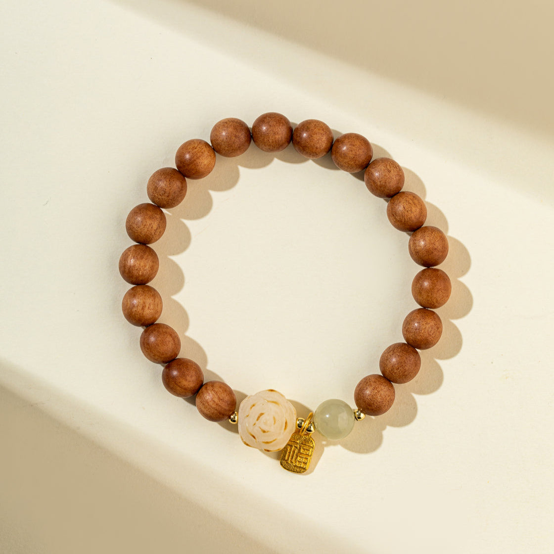 Jade Sandalwood Gold Lotus Sculpture Bracelet-【Natural Energy & Handmade】