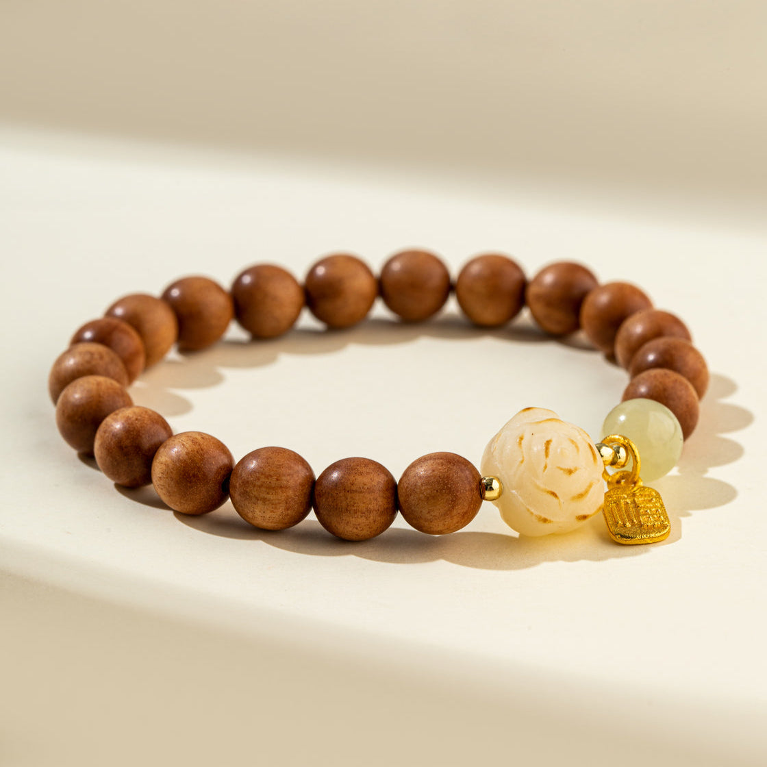 Jade Sandalwood Gold Lotus Sculpture Bracelet-【Natural Energy & Handmade】