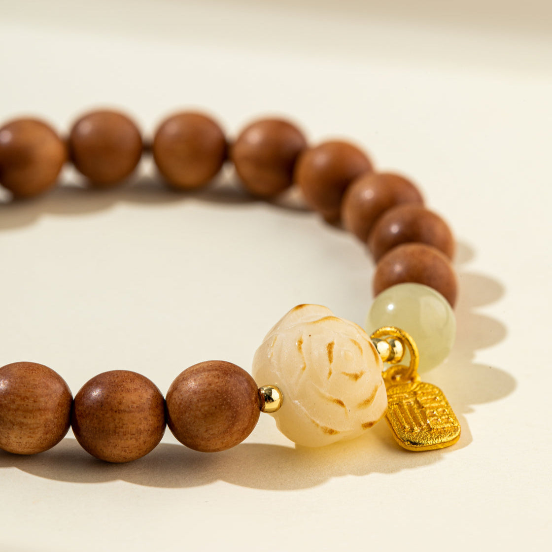 Jade Sandalwood Gold Lotus Sculpture Bracelet-【Natural Energy & Handmade】