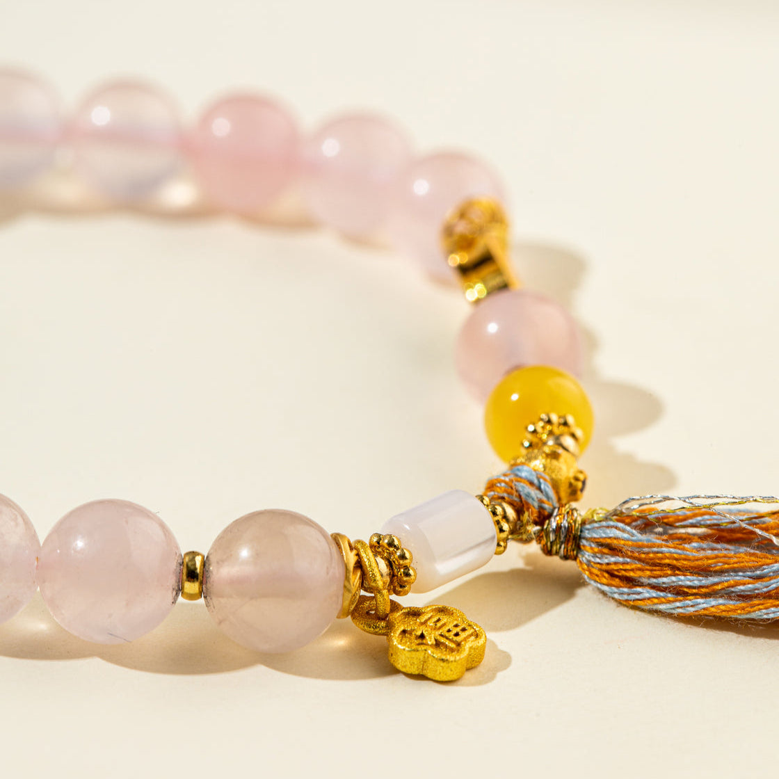 Pink Crystal Quartz Gold Braided Tassel Bracelet-【Natural Energy & Handmade】