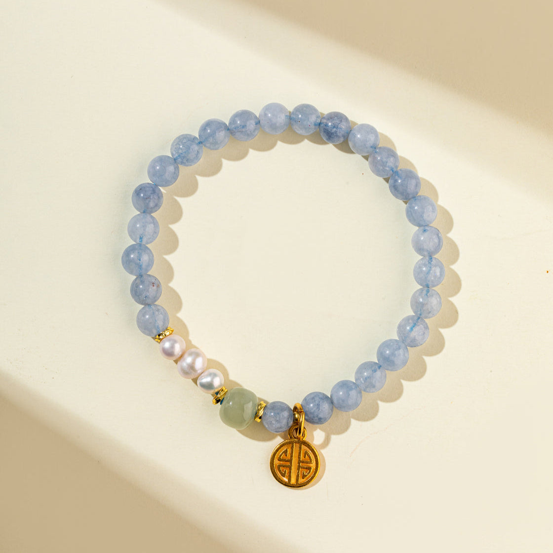 Blue Crystal Agate  Pearl Gold Lock Sculpture Bracelet-【Natural Energy & Handmade】