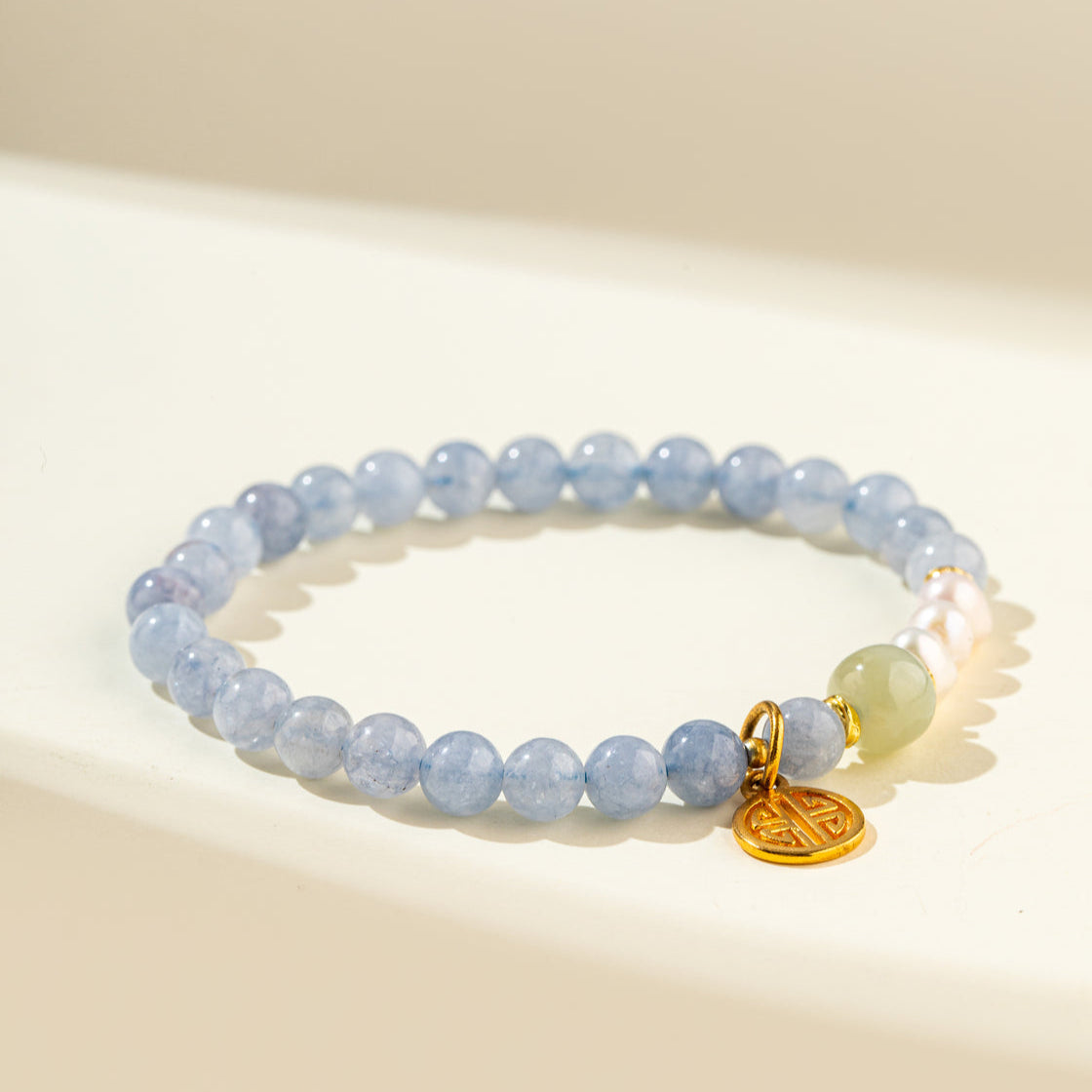 Blue Crystal Agate  Pearl Gold Lock Sculpture Bracelet-【Natural Energy & Handmade】