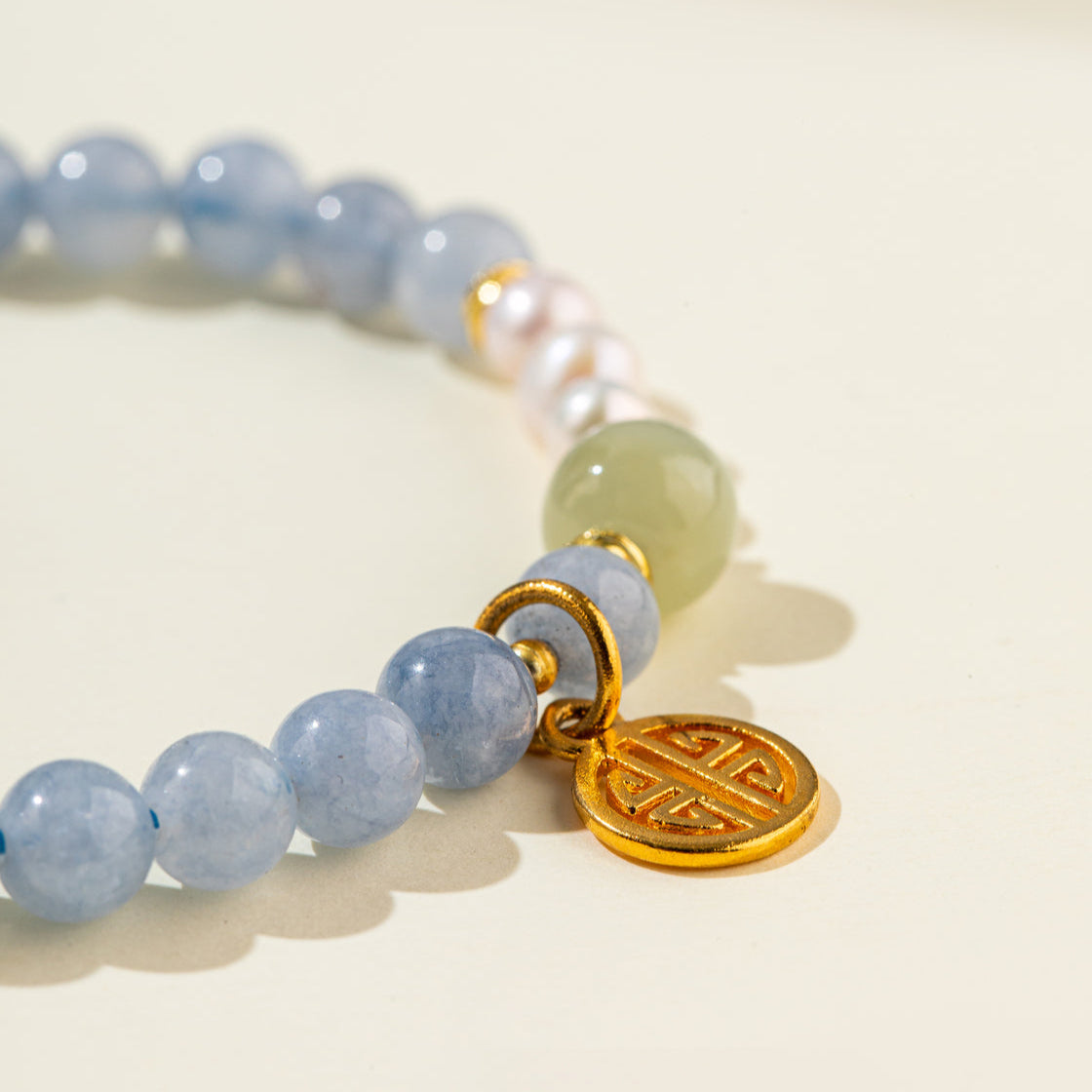 Blue Crystal Agate  Pearl Gold Lock Sculpture Bracelet-【Natural Energy & Handmade】