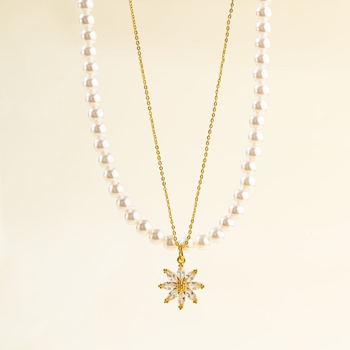 Pearl Gold Diamond Flower Necklace-【Natural Energy & Handmade】