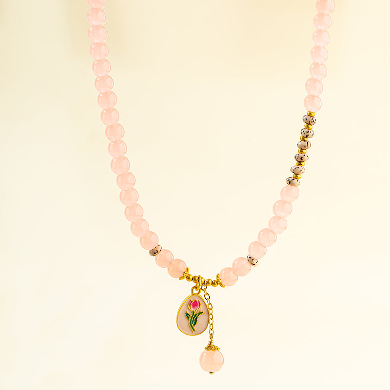 Pink Quartz Crystal Agate Gold Necklace-【Natural Energy & Handmade】