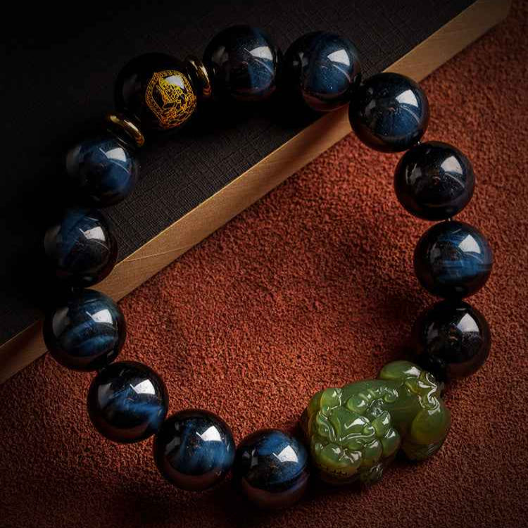 Lightning - Patterned Blue Tiger's Eye and Hetian Jade Pixiu Zodiac Bracelet