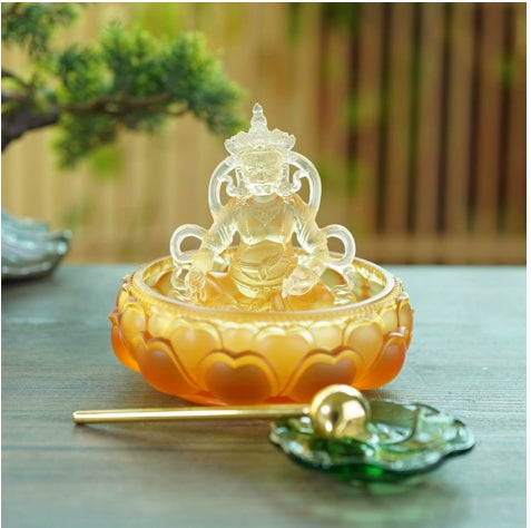 Glass Buddha Statue - Five Way God of Wealth with Multi-color Water Supply